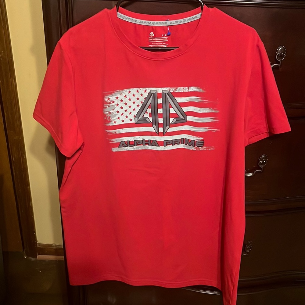 A red shirt made by alpha prime